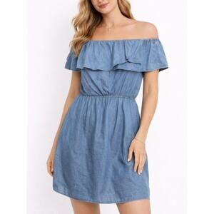 H‎ by Halston Off Shoulder Dress XL Blue Denim Chambray Ruffle Classic Coastal